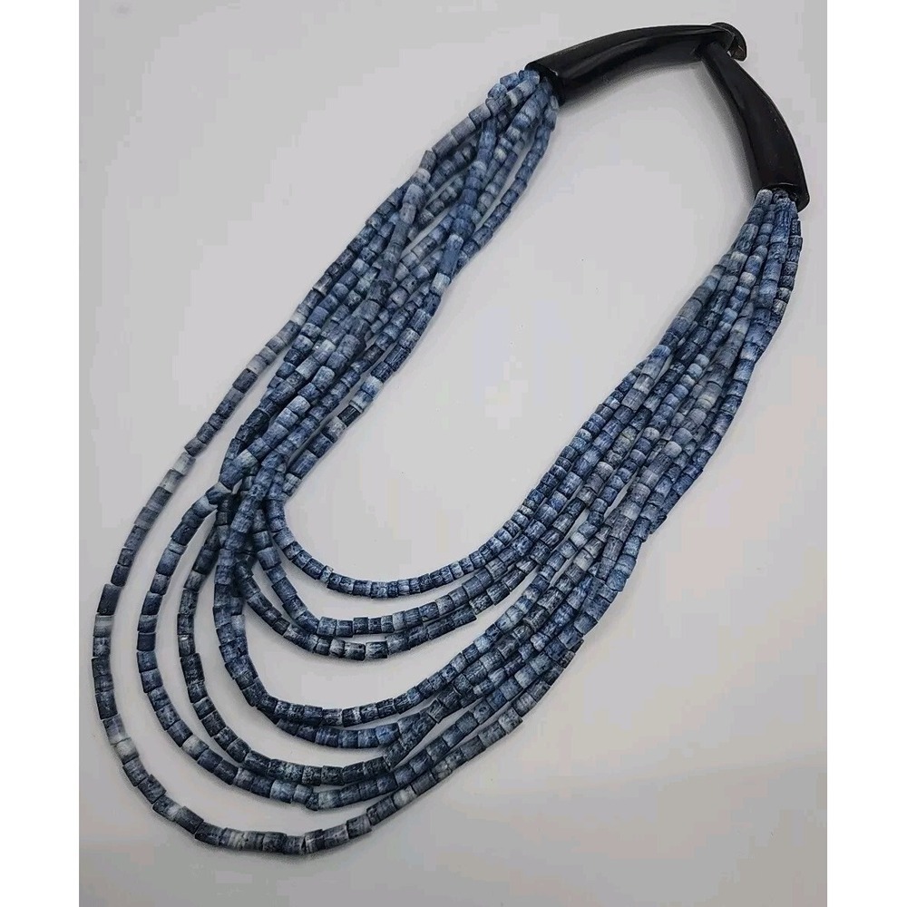 Gerde Lynggaard Unsigned Blue Multistrand Bead Horn Clasp Statement Necklace